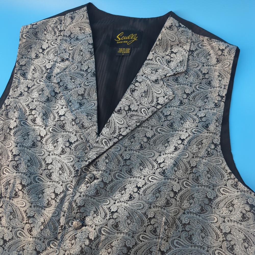 Scully Mens Silver Black Paisley Western Vest Notched Lapel Size L RN 10388